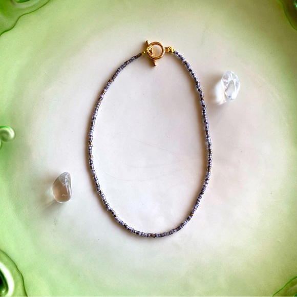 Heather Seed Bead Necklace Grey Purple & Gold Tone Beaded Choker Minimalist - Picture 3 of 5